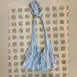 Cotton Candy Light Blue Halter Tie-Front Ruffle Crop Top
